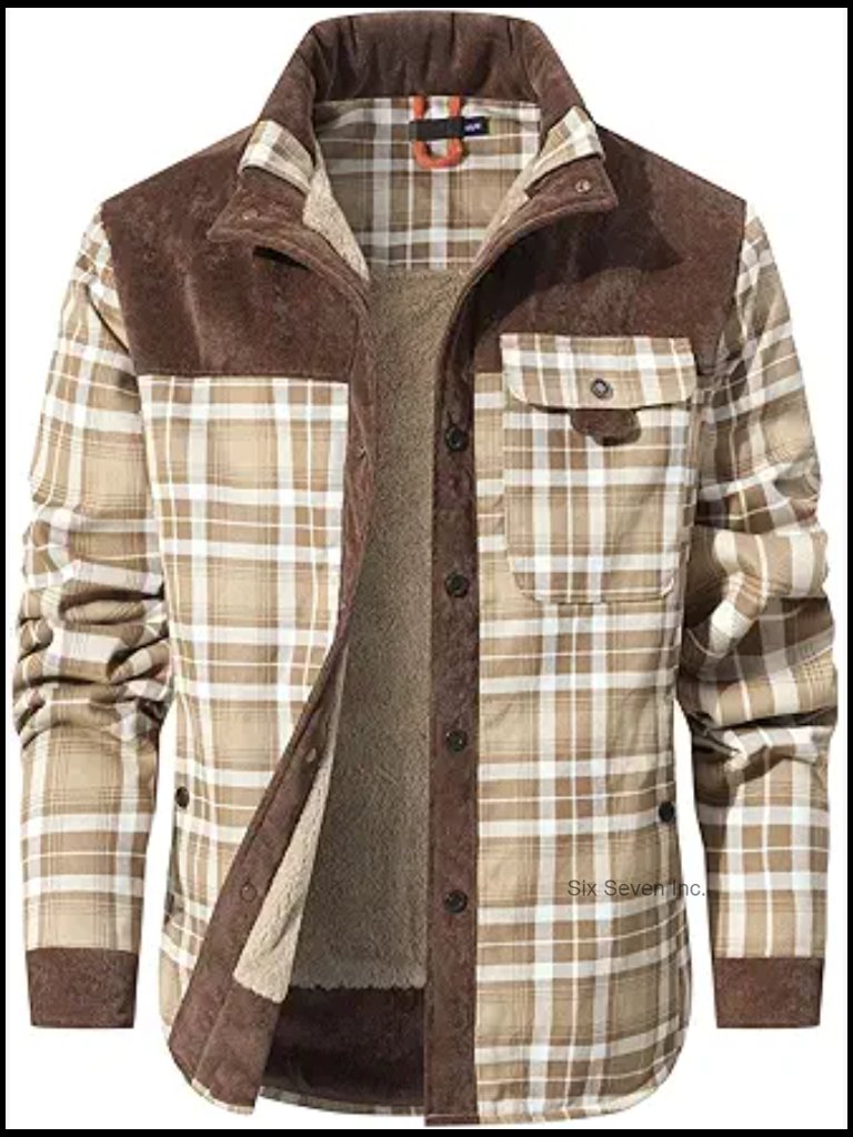 Men's Sherpa Lined Flannel Corduroy Plaid Button Up Jacket With Pocket